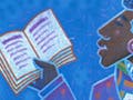 A drawning of three women holding books open.