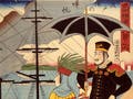 A painting with a man and a woman standing at the pier with a sail boat in the background, and the man is holding a parasol.