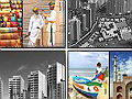 A collage of color and black and white images of people, buildings, and landscapes in India.