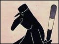 Black print with light background poster depicts a caricature of Charles de Gaulle holding a riot truncheon behind his back while patting an image of France as one would a small child.