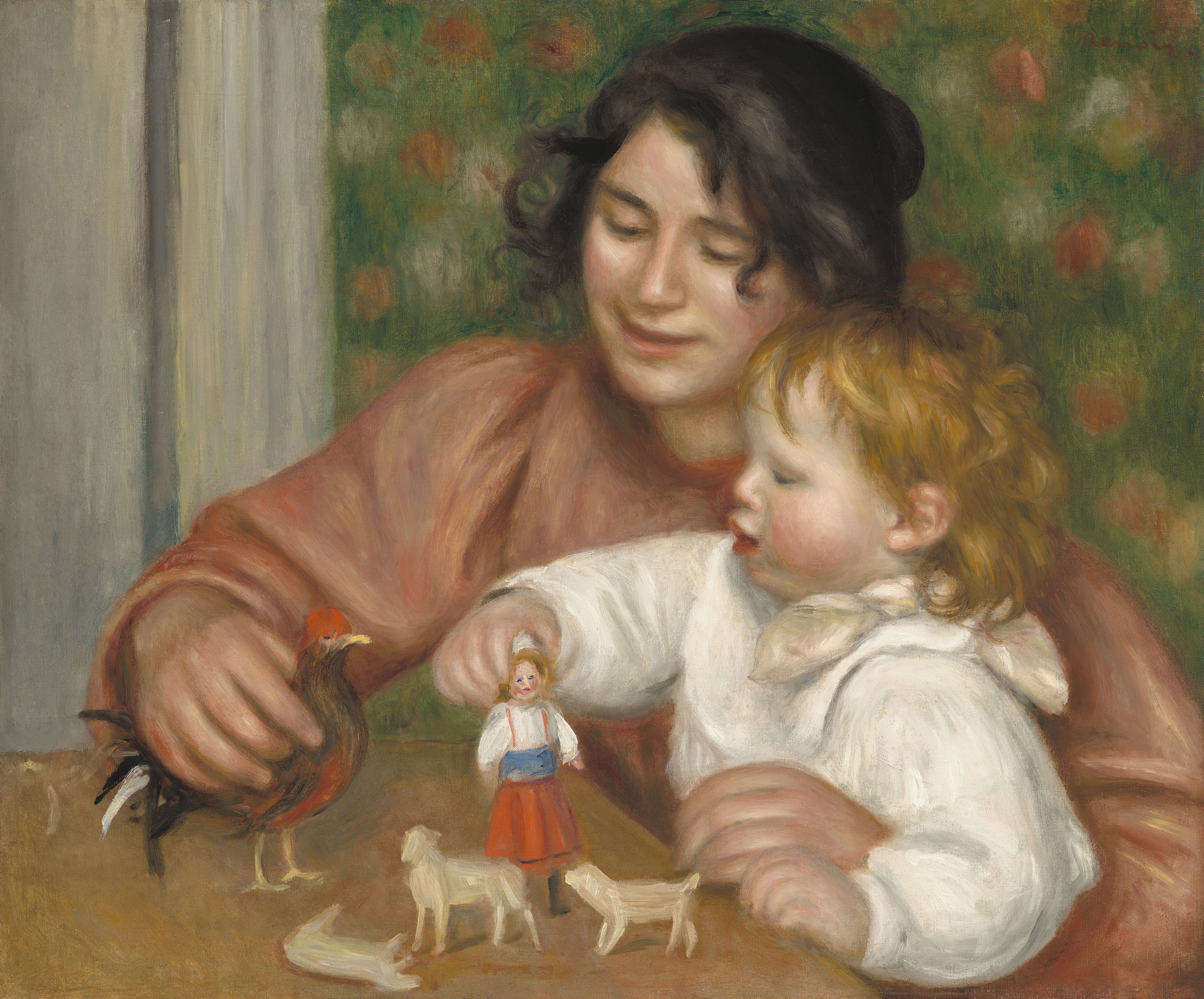 A young brunette woman in a peach blouse sits at a table with a golden-haired child wearing a white smock; they are playing with toy figurines including a rooster, shepherdess, and several sheep.