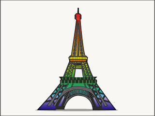 A computer illustration of a rainbow-hued Eiffel Tower on a white background.