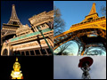 Images of the Paris, Las Vegas hotel tower, Eiffel tower, and the Tokyo and  Paris, Texas towers.