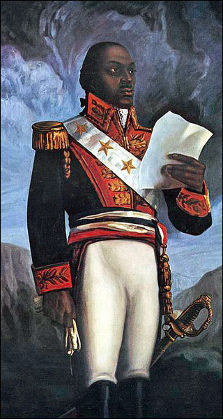 A painting of Général Toussaint Louverture in a formal military uniform, carrying a sword and reading from a sheet of paper.