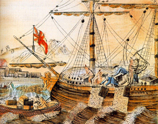 A color illustration showing several colonists and Native Americans throwing tea off of the side of a ship.