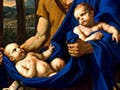 A painting of a young man holding a blue blanket containing twin babies towards the outstretched hands of a young woman.