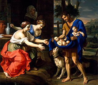 A painting of a young man holding a blue blanket containing twin babies towards the outstretched hands of a young woman.
