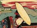 A kneeling woman, wearing a colorful kimono, fastens the sandle of another woman, also wearing a colorful kimono, who stands above her.