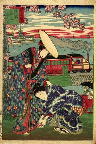 A kneeling woman, wearing a colorful kimono, fastens the sandle of another woman, also wearing a colorful kimono, who stands above her.
