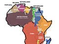 A color map of Africa made up of the superimposed shapes of other countries.