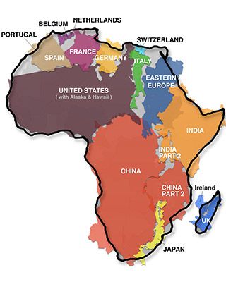 A color map of Africa made up of the superimposed shapes of other countries.
