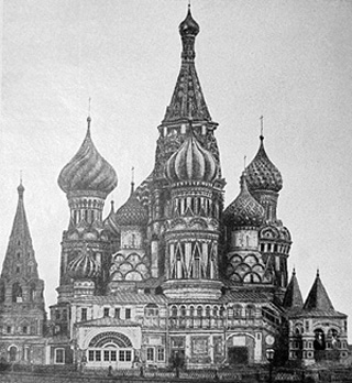 Black and white photo of an ornate church in Moscow.