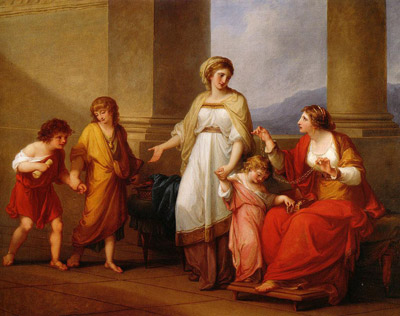 A painting shows a seated woman, wearing a red flowing garment, looking toward three friendly-faced children.