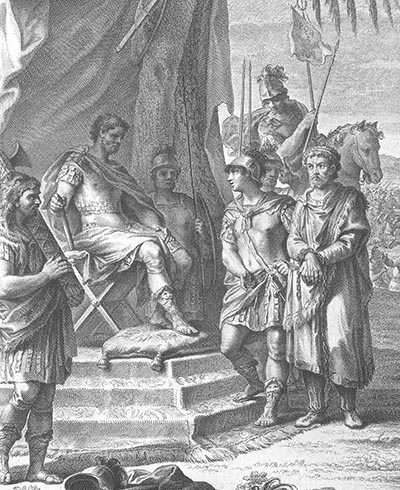 A black and white drawing of a seated man wearing an elaborate tunic, gazing down at a man brought to him with his hands and feet in chains.