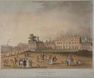 A drawing of Buckingham house with well-dressed people on the lawn.