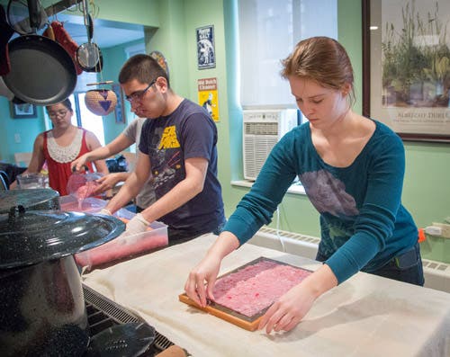 A glove-wearing student stands over a plastic water-filled containers filled with a pink, cotton-like substance. To his left, another students spreads a thin, flat, dry,pink-cotton-like substance on a table.
