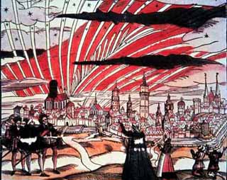 A black and white print with red tinting of people on a hill over-looking a city with aurora above it.