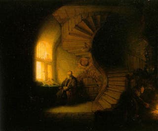 A painting of a man sitting, looking out a window.