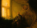 A painting of a man sitting, looking out a window.