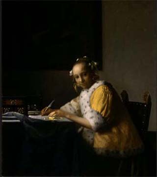 Painting of a woman wearing an ermine-trimmed robe, writing at a desk.