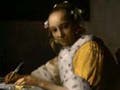 Painting of a woman wearing an ermine-trimmed robe, writing at a desk.