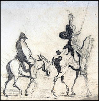 Drawing of Don Quixote on horseback carrying a lance and leading Sancho Panza on a donkey.