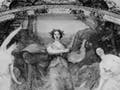 Black and white photo of a mural.