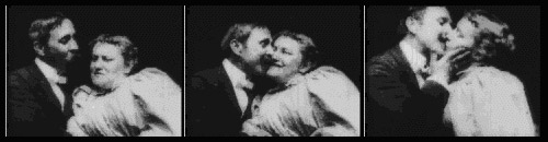 Sequence of three film stills showing a man approaching, embracing and kissing a woman.