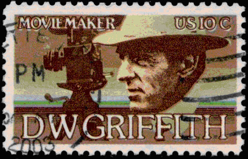 US 10 cent postage stamp with D.W. Griffith's head in profile and a drawing of a movie camera.