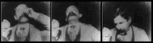 Sequence of three film stills showing a man progressing through a sneeze.