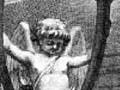 A black and white illustration of a woman sitting on a bench, reaching towards a man standing in front of her. In the background is a statue of a cherub.
