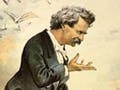 A drawing of Mark Twain on stage.