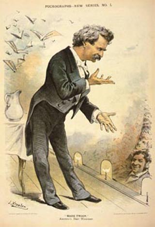 A drawing of Mark Twain on stage.