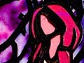 Stained glass artwork of Little Red Riding Hood carrying a basket with tree branches forming a circular pattern against a purple background.