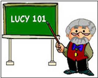 Cartoon image of professor at blackboard: 'Lucy 101.'