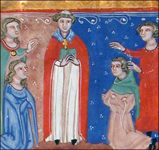 The painting is from a manuscript from the Decretals of Gregory IX  (ca. 1300), and shows a priest performing a marriage ceremony with the bride and groom kneeling to his right and left, respectively, and with witnesses standing behind each.
