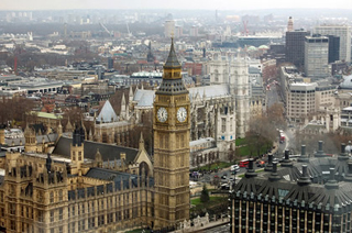 Aerial view, with Big Ben's tower in the center.