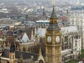 Aerial view, with Big Ben's tower in the center.
