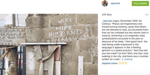 Screenshot of Instagram post featuring a photograph of a wall and text.