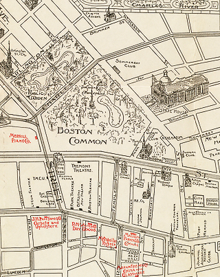 Labeled map of Boston with locations marked and drawn. 