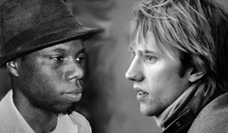 On the left: A black man with a hat, facing right. On the right: A white man with long hair, facing left.