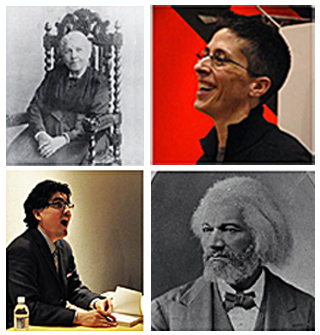 Four photos of American authors of biographies, memoirs or autobiographies: Harriet Jacobs, Alison Bechdel, Sherman Alexie and Frederick Douglass.