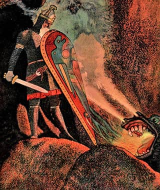 A man carrying a sword and a shield of armor stands upon a rock, near a reptile with smoke coming out of its nose. 