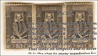 Image of Shakespeare postage stamps with sonnet text overlaid.
