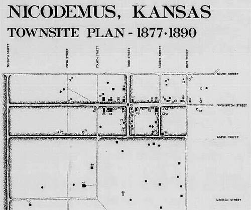 Black Migration -- Exoduster Movement. Town site plan for Nicodemus, Kansas, 1877-1890.