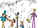 Drawing of people of all ages enjoying playing music.