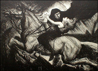 A dark figure in a black hood overcomes a swooning young boy riding a white horse.