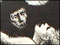 A dark figure in a black hood overcomes a swooning young boy riding a white horse.