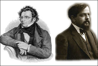 Engraving of Schubert and photo of Debussy.