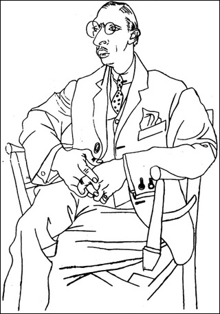 Line drawing of Stavinsky, wearing a suit, hands loosely together, sitting in a chair.